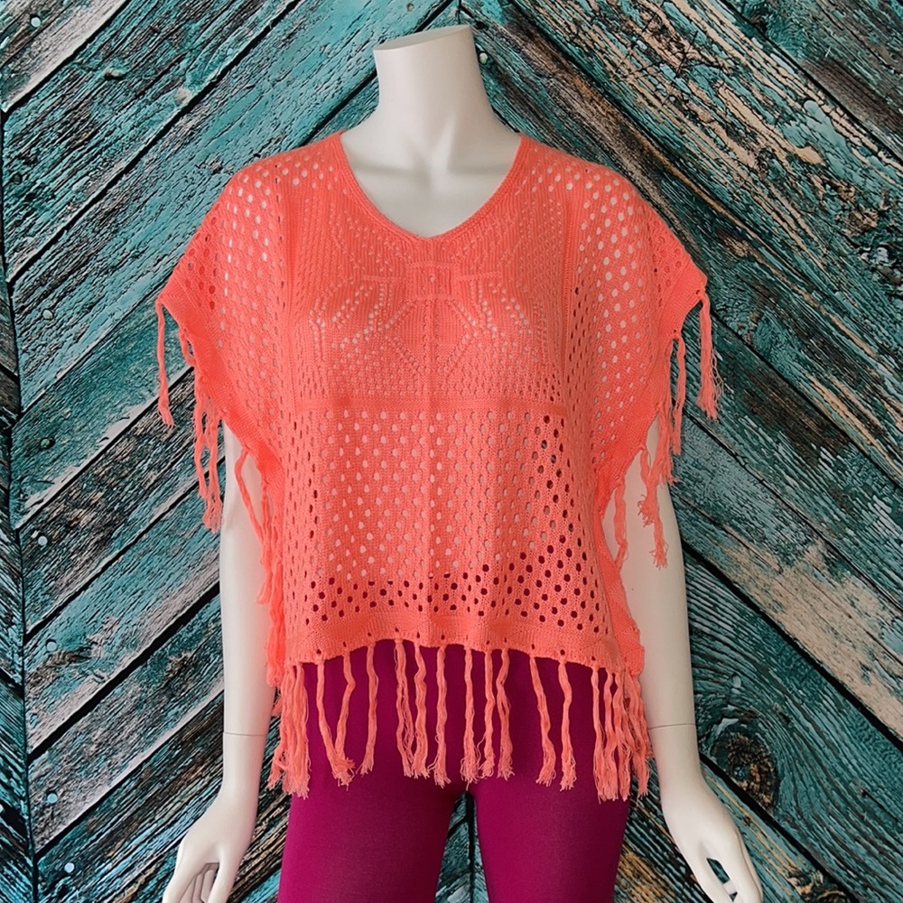 NWOT Coral Orange Pullover Crochet Poncho with Fringe - Picture 3 of 6